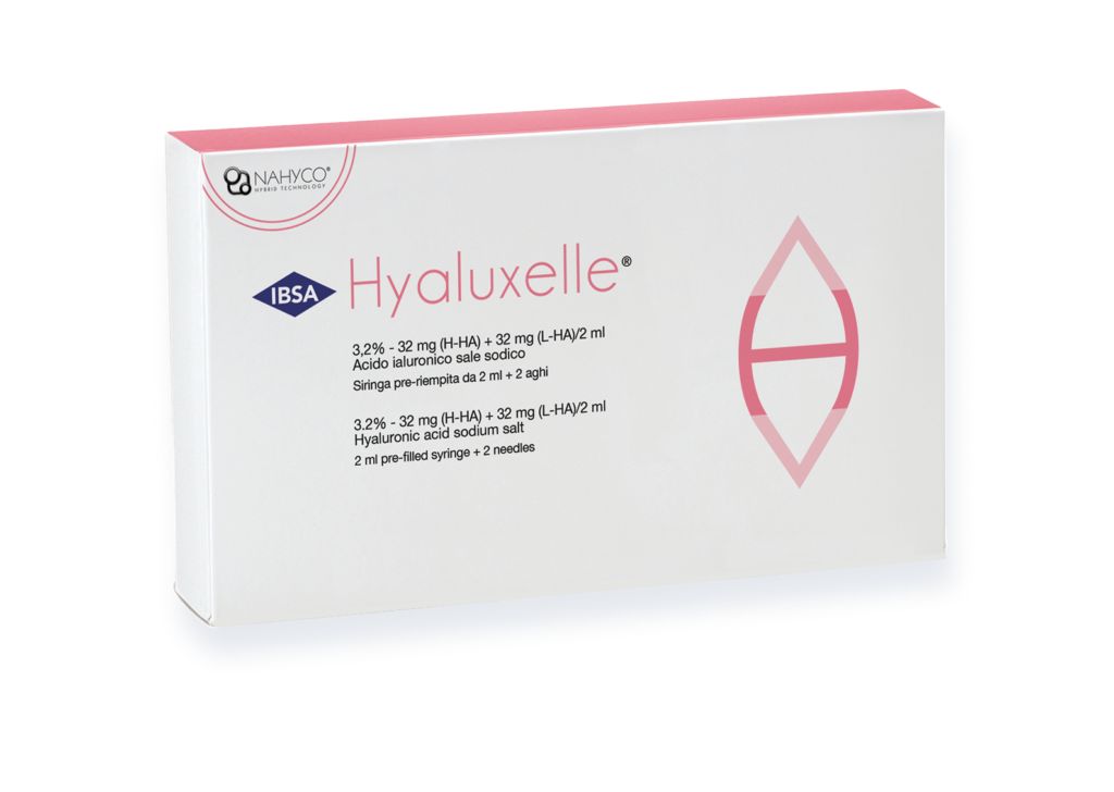 Hyaluxelle pre-filled syringe box by IBSA - Injectable hyaluronic acid solution (3.2%) with NAHYCO Hybrid Technology