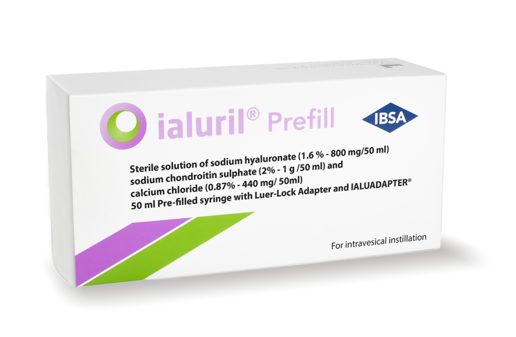 Ialuril Prefill box by IBSA - Sterile solution containing sodium hyaluronate, chondroitin sulphate, and calcium chloride for intravesical instillation