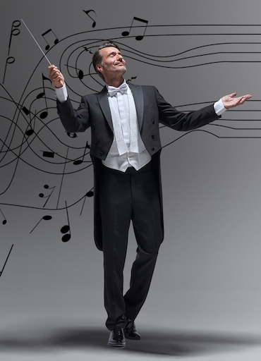 Orchestra conductor directing musical notes, symbolizing the synergy and harmony of therapeutic treatments