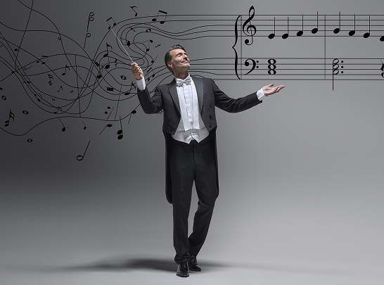 Orchestra conductor directing musical notes, symbolizing the synergy and harmony of therapeutic treatments